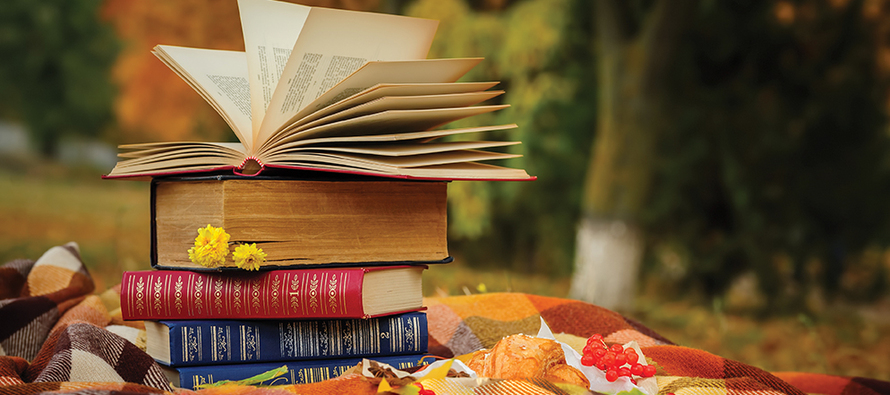 Stacks of books on a picnic blanket